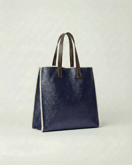 Metallic Indigo leather Paris tote bag available in Paris Tote and Mini Paris Tote sizes.