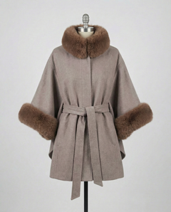 Mocha Janelle coat with brown fur trim on a mannequin against a gray background., view 1