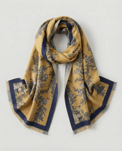 Yellow and blue patterned scarf on a light gray background, view 2