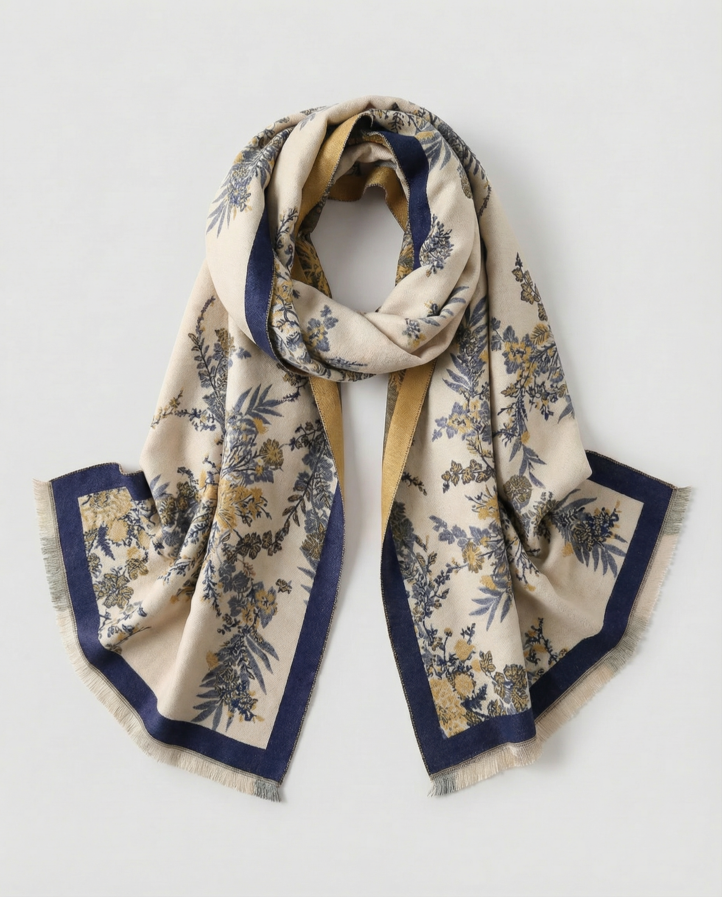 Floral patterned scarf with blue and yellow accents on a white background