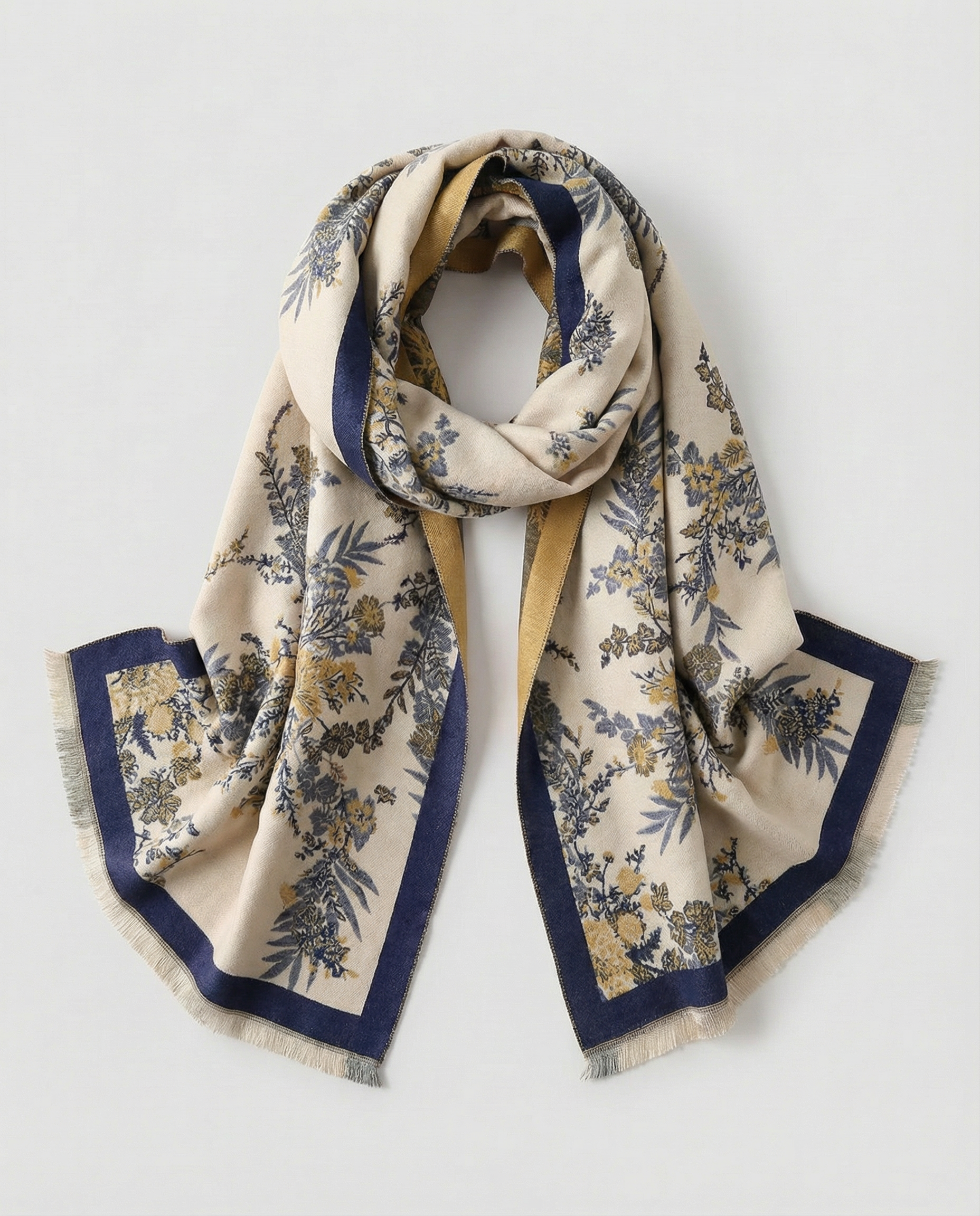 Floral patterned scarf with blue and yellow accents on a white background