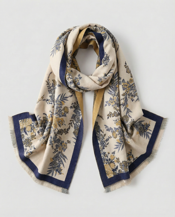 Floral patterned scarf with blue and yellow accents on a white background