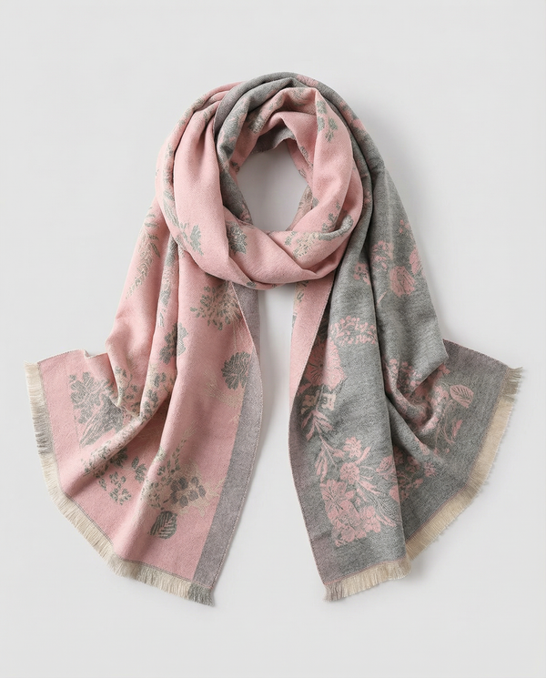 Pink and gray floral patterned scarf on a light gray background