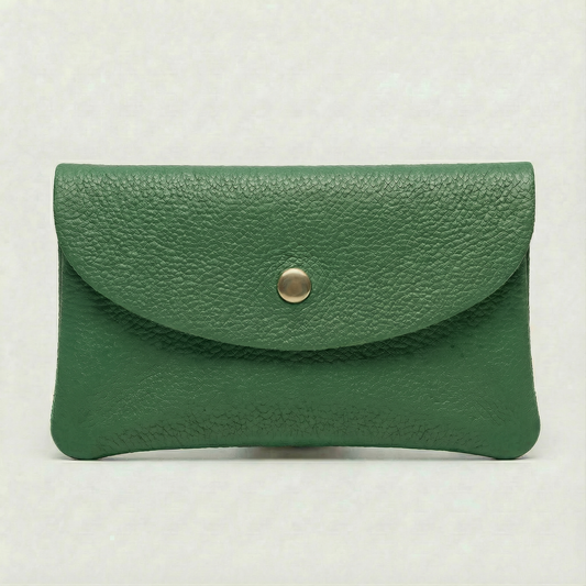 Kelly green pebble leather mini coin wallet with snap closure, compact Italian‑made design for coins and small essentials
