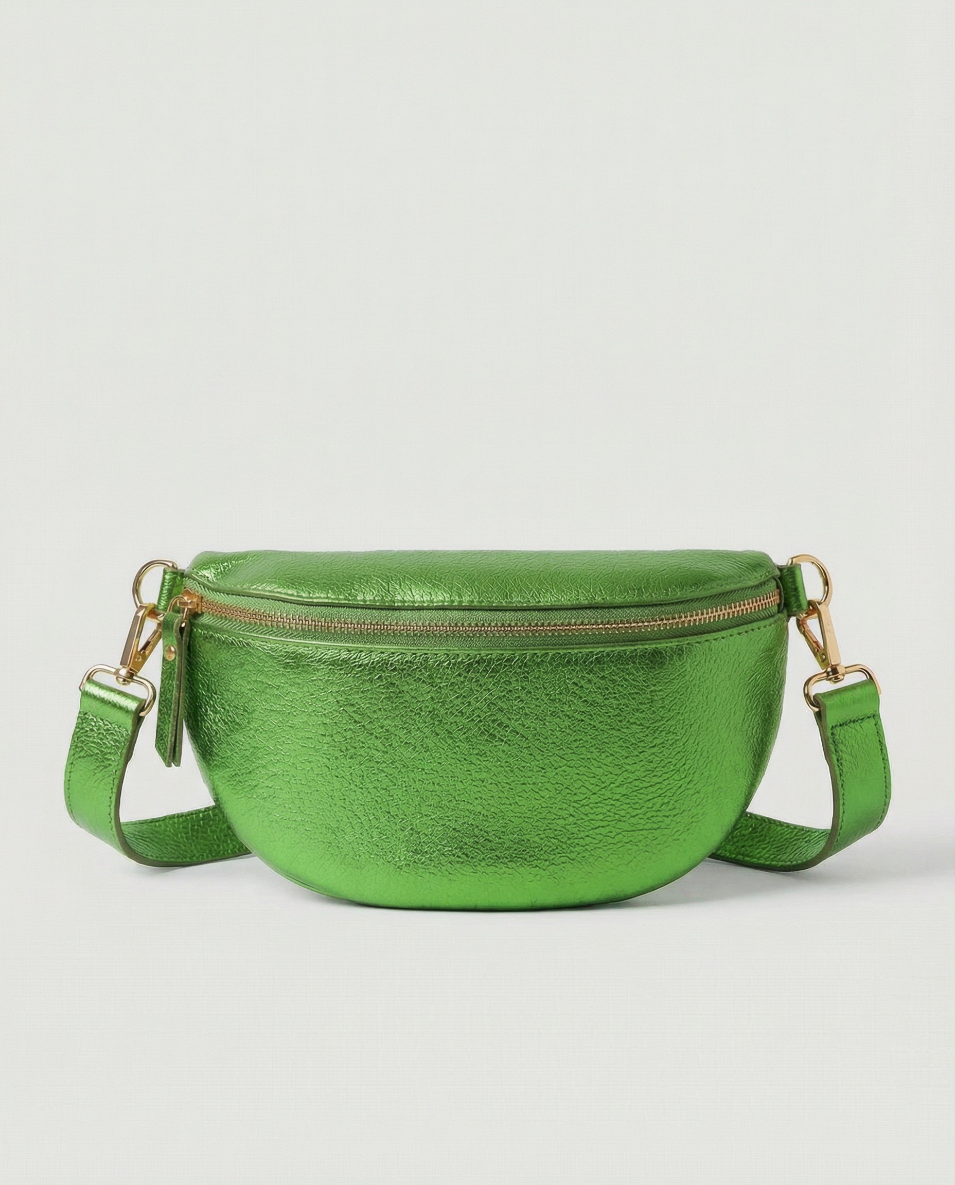 Metallic leather fanny bag in Kelly green with adjustable strap and sleek, compact silhouette designed for hands‑free everyday wear.