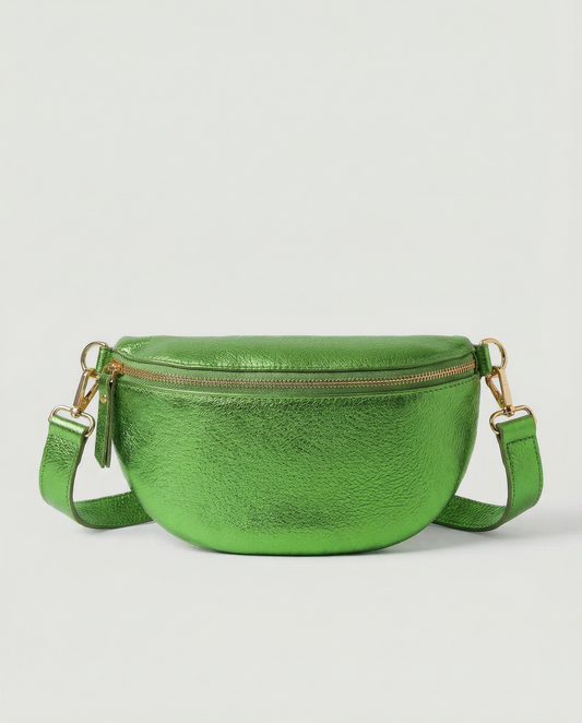 Metallic leather fanny bag in Kelly green with adjustable strap and sleek, compact silhouette designed for hands‑free everyday wear.