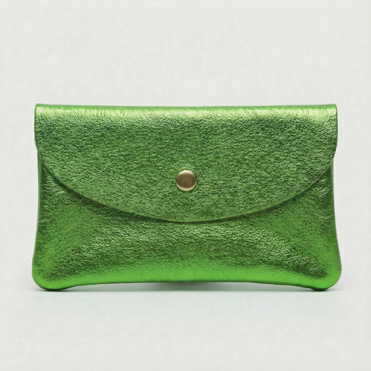 Kelly Green metallic leather wallet available in mini coin wallet, coin wallet, and cellphone wallet sizes.