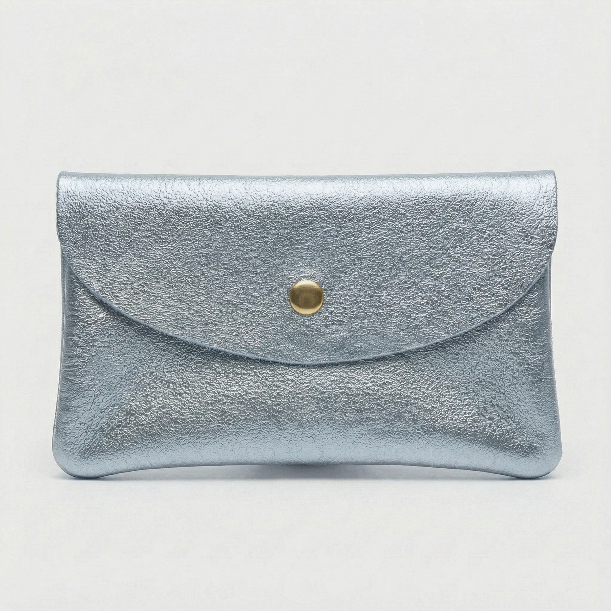 Mini coin wallet in light blue metallic leather with snap closure, compact Italian‑made design for coins and small essentials