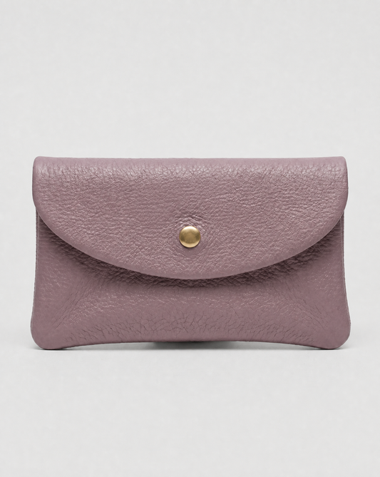Light Mauve pebble leather coin wallet with snap closure, minimalist Italian design, compact and elegant everyday accessory.