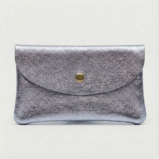 Lilac metallic leather wallet available in mini coin wallet, coin wallet, and cellphone wallet sizes.