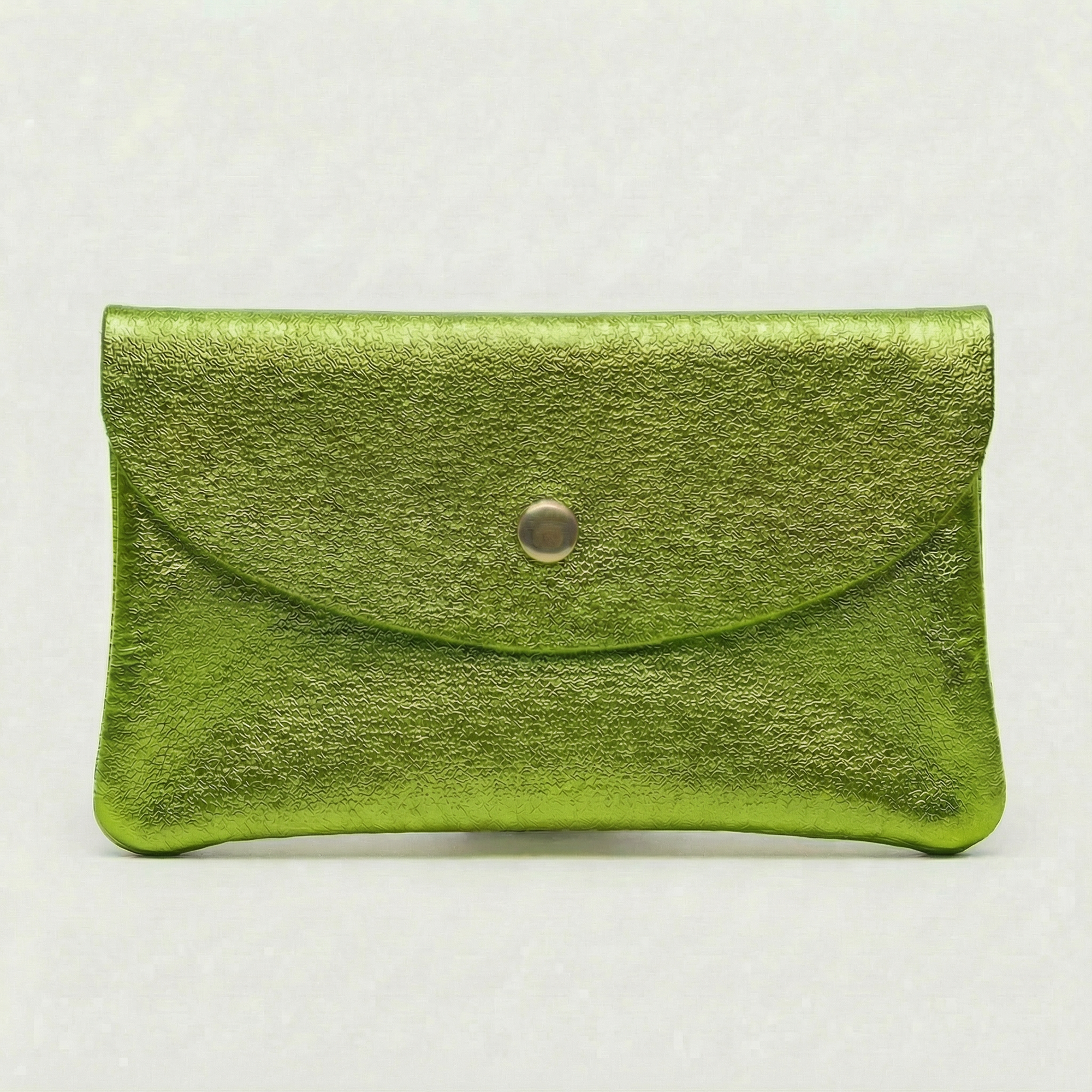 Neon Green  metallic leather wallet available in mini coin wallet, coin wallet, and cellphone wallet sizes.
