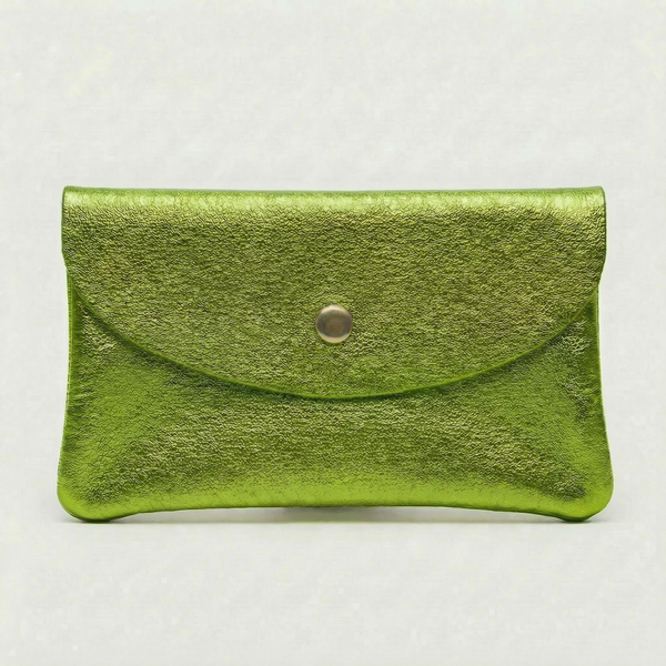 Neon Green  metallic leather wallet available in mini coin wallet, coin wallet, and cellphone wallet sizes.