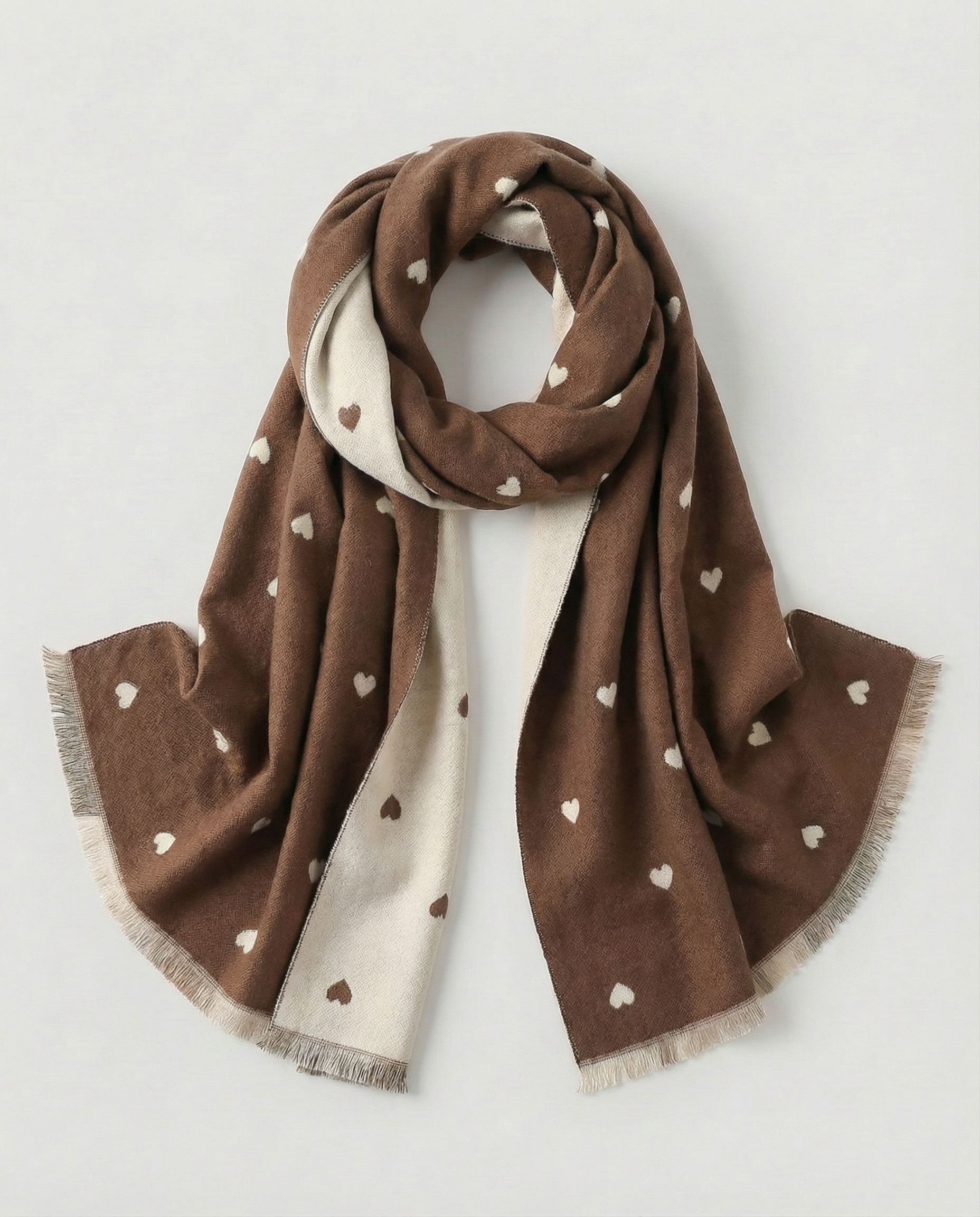 Brown wrap with heart patterns on a light gray background