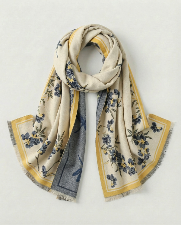 Floral patterned wrap with yellow and blue design on a light gray background