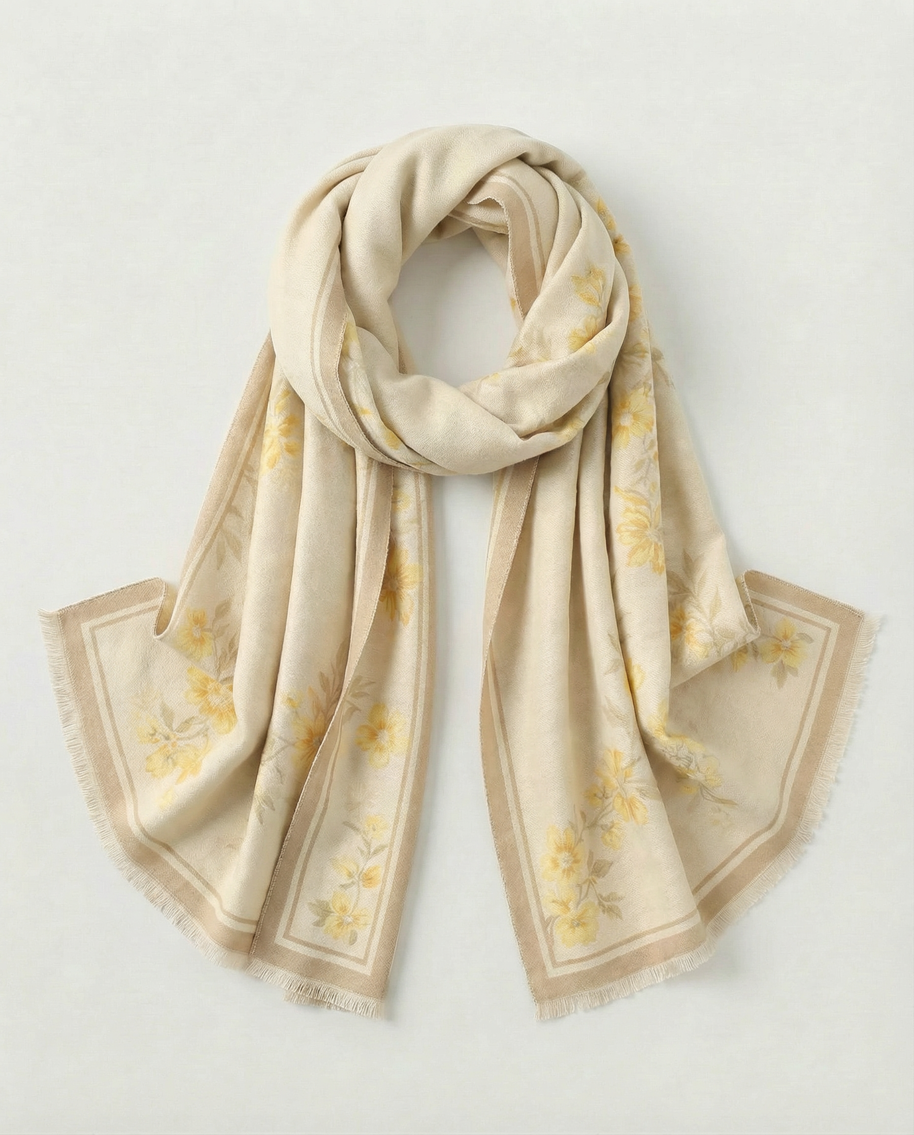 Beige wrap with floral pattern on a light gray background