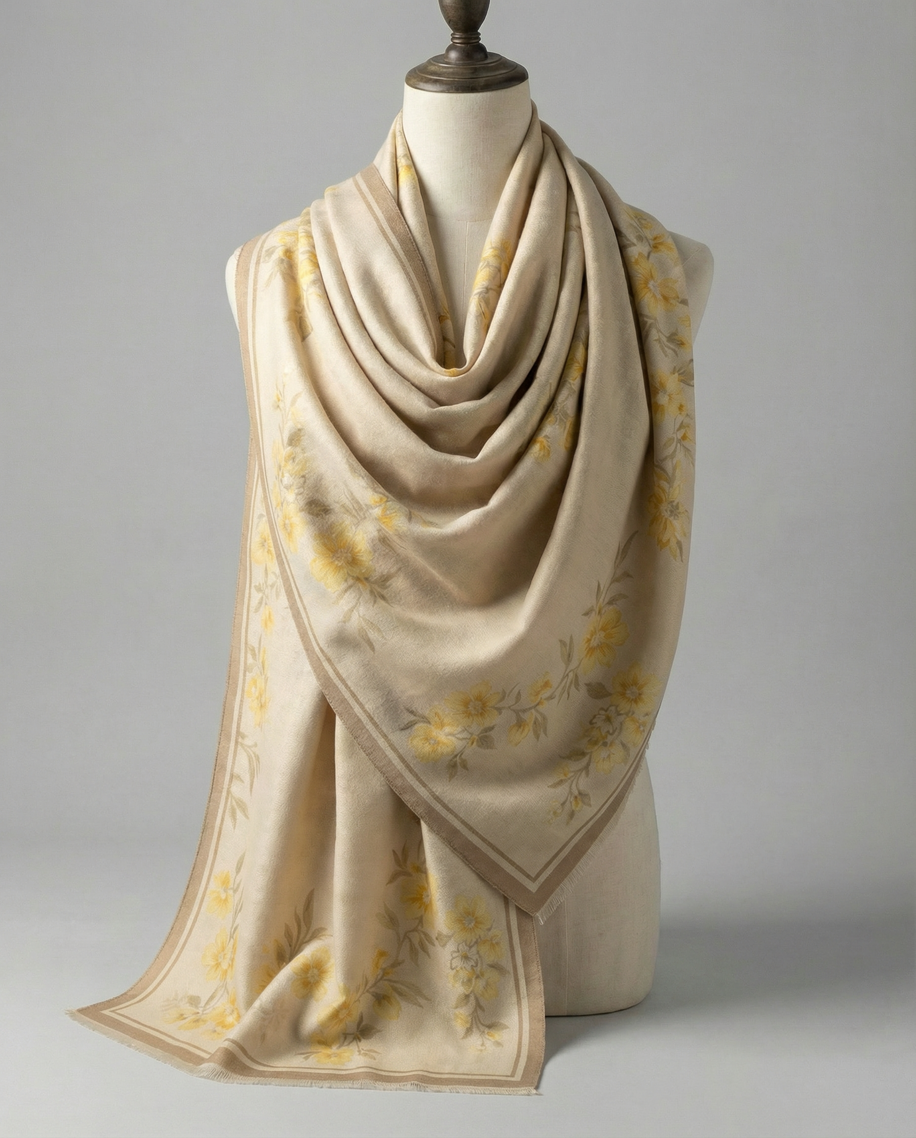 Beige wrap with yellow floral pattern draped over a mannequin against a gray background