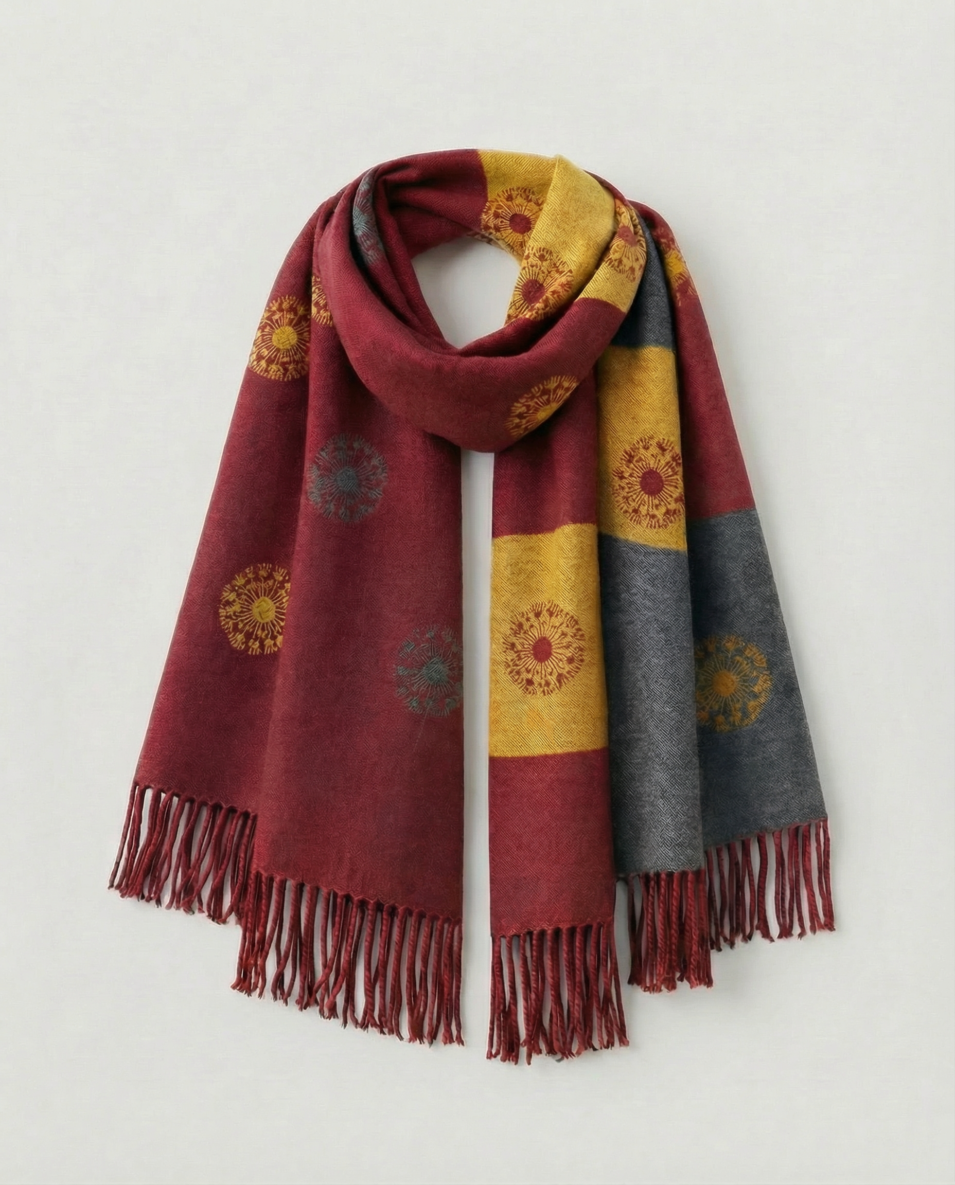 Multicolored wrap with geometric patterns on a white background