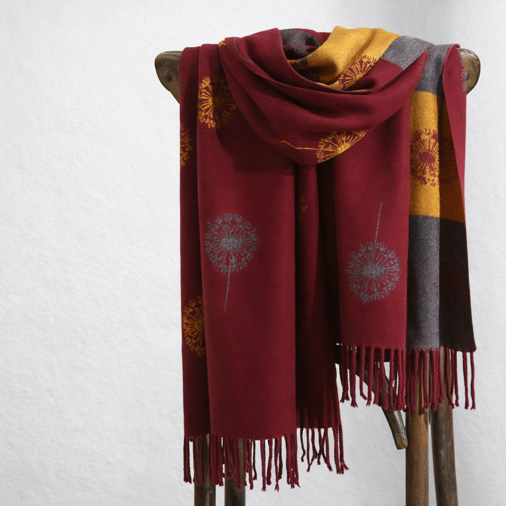 Red wrap with flower patterns draped over a wooden stand on a white background