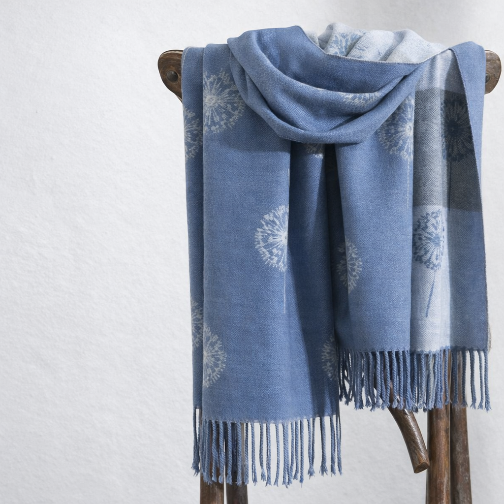 Blue wrap with flower pattern draped over a wooden stand on a white background