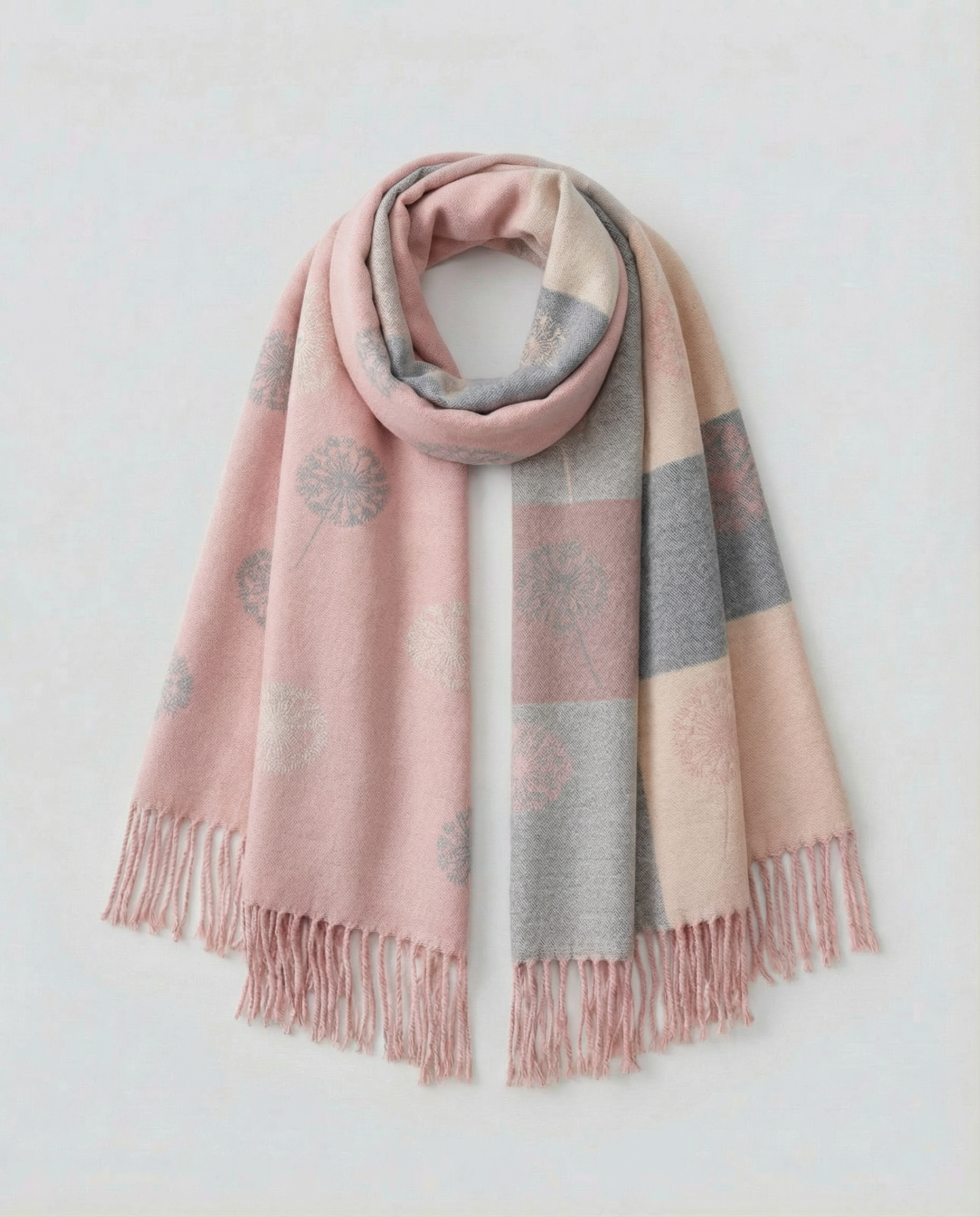 Pink and gray patterned wrap with fringes on a light background