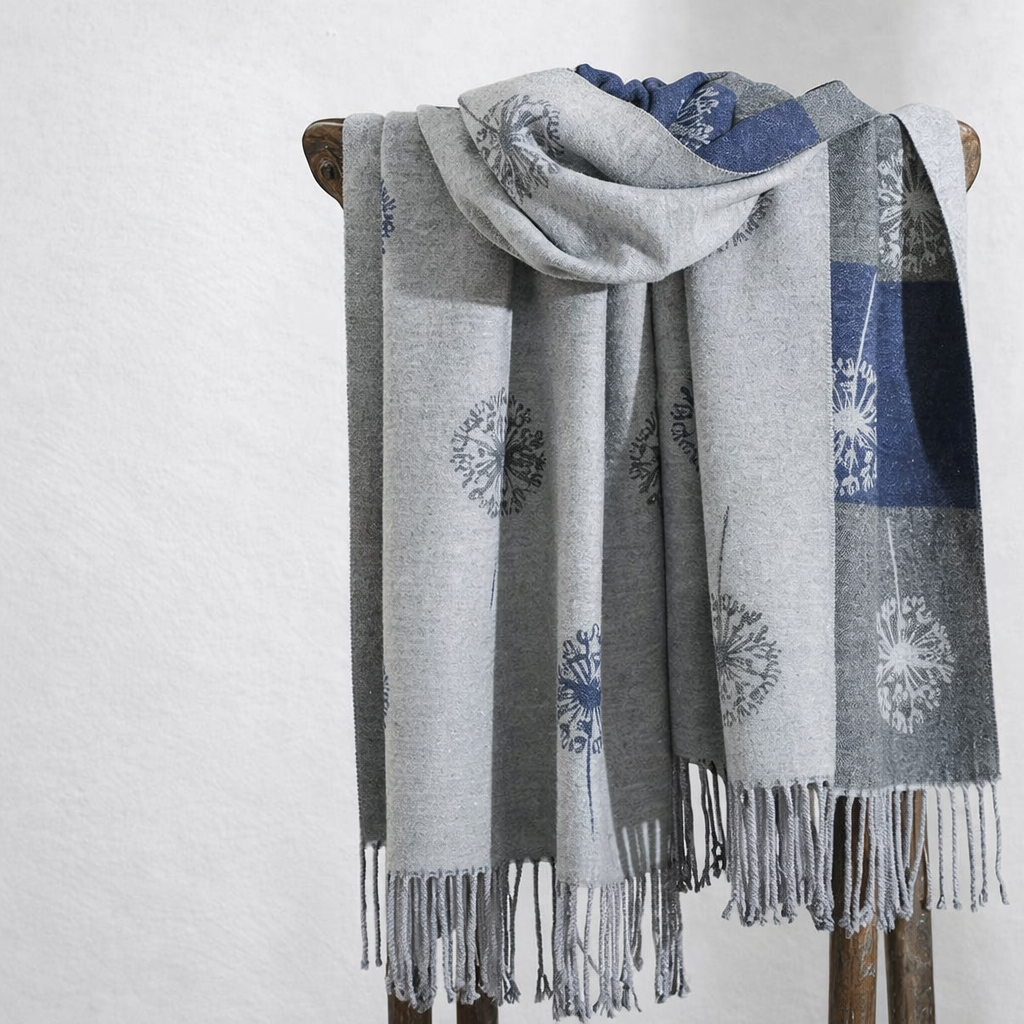 Gray and blue wrap with floral patterns on a wooden stand against a white background