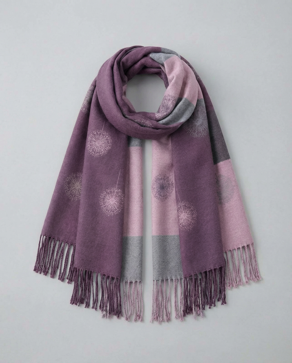 Multicolored wrap with floral patterns on a light gray background