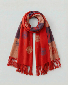 Red wrap with pattern and fringes on a light background, view 1