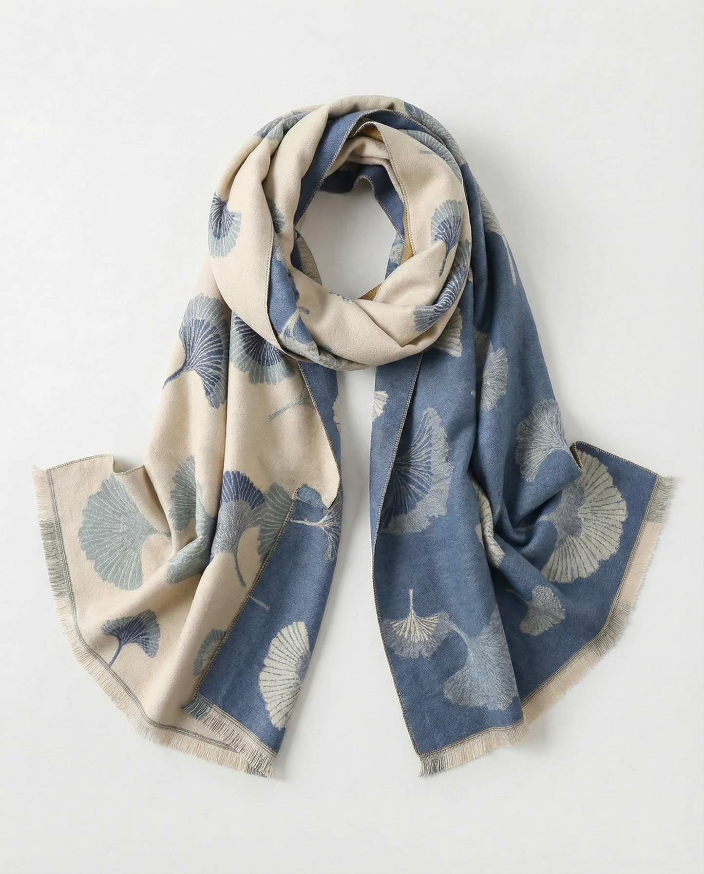 Blue and beige wrap with leaf pattern on a white background