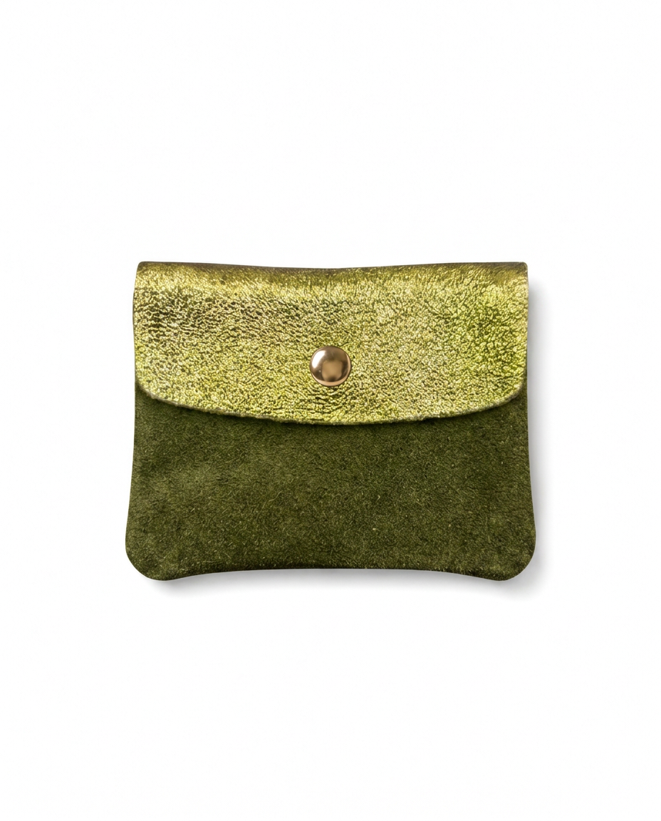 Mini Coin Suede Wallet in Pistachio, Two-Tone with premium leather, soft suede, and a secure snap-button closure.