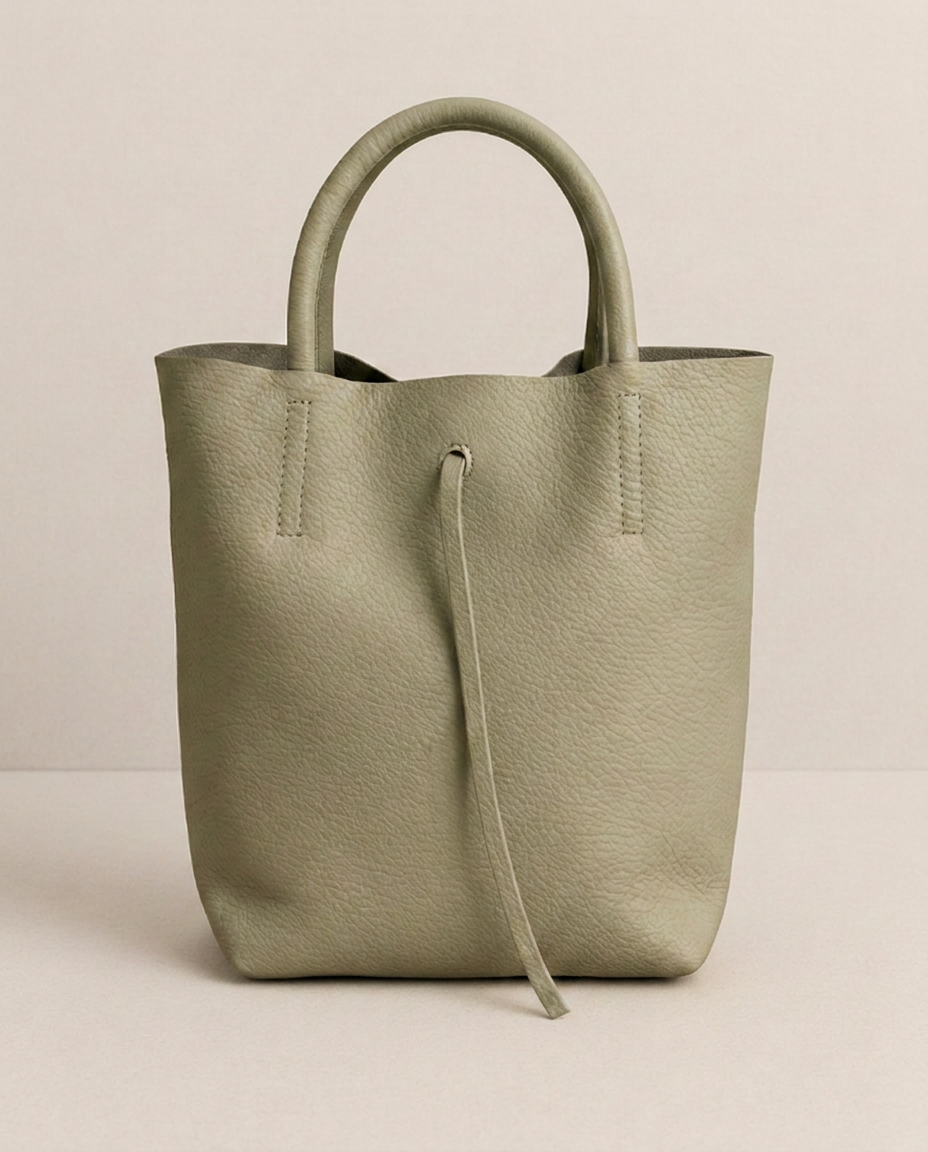 Olive pebble leather mini tote with structured silhouette, detachable crossbody strap, compact interior, and genuine Italian craftsmanship.