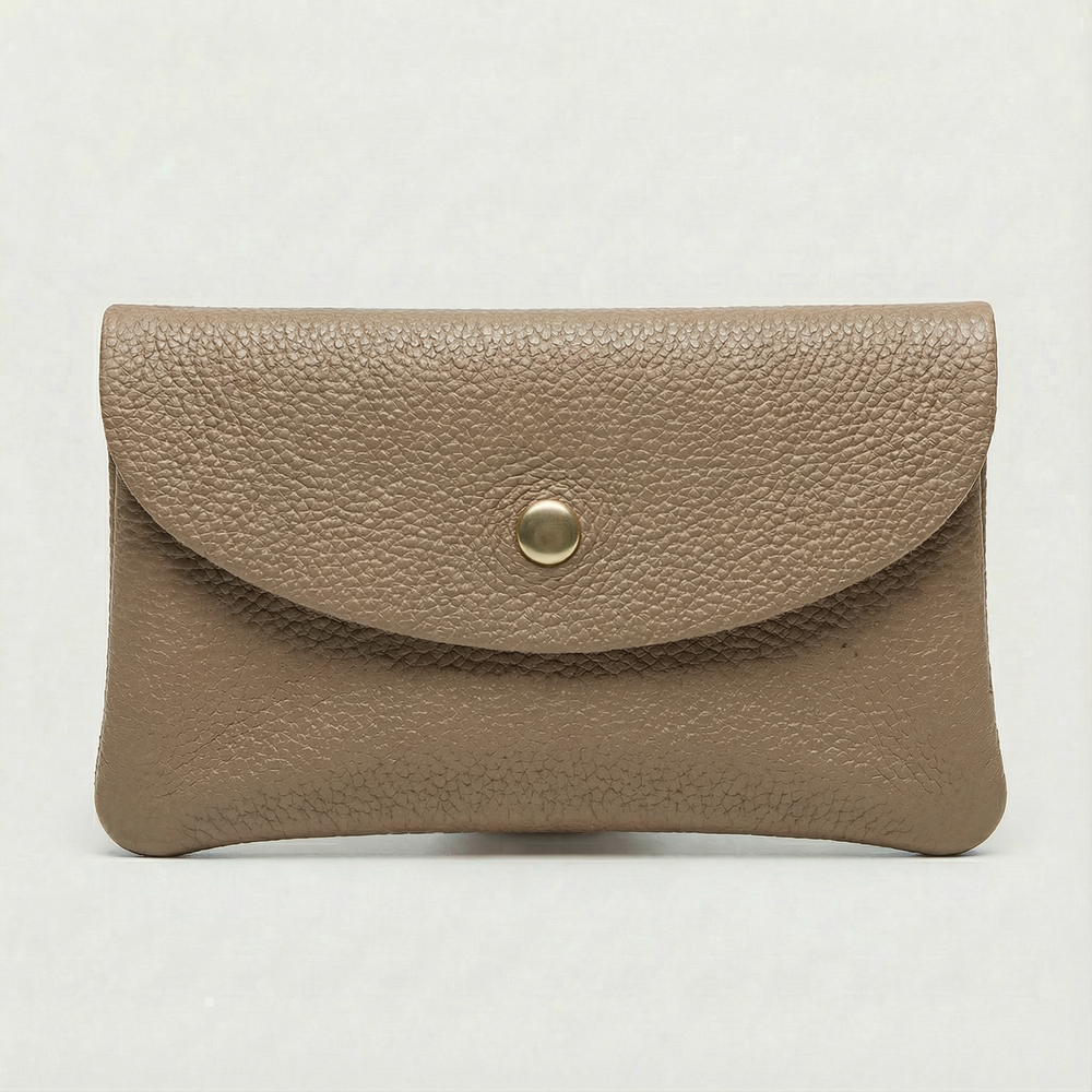Mocha pebble leather wallet collection featuring Mini Coin Wallet, Coin Wallet, and Cellphone Wallet in genuine leather, made in Italy.