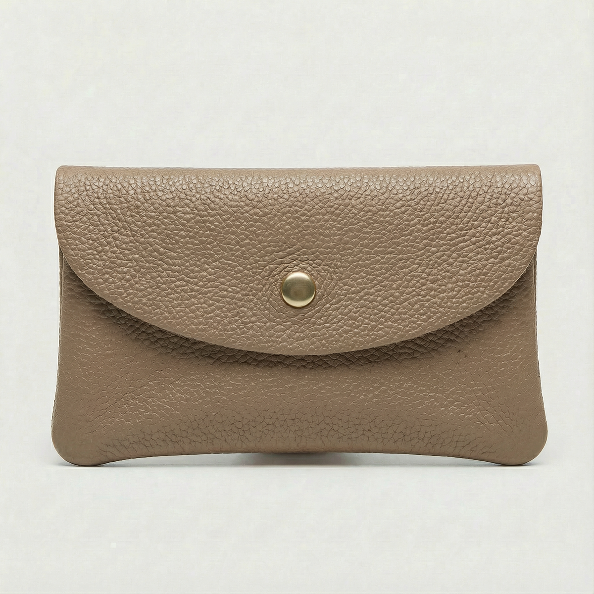 Mocha pebble leather wallet collection featuring Mini Coin Wallet, Coin Wallet, and Cellphone Wallet in genuine leather, made in Italy.