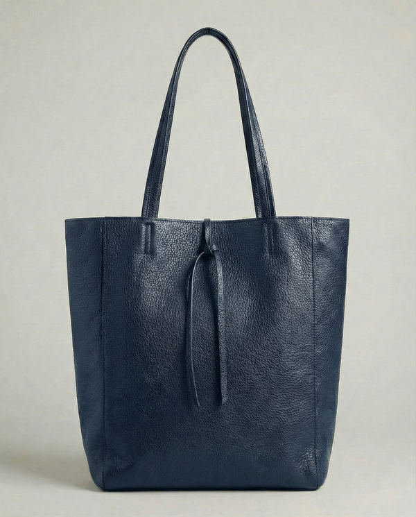 Navy pebble leather tote bag available in Tote Bag and Mini Tote sizes. 