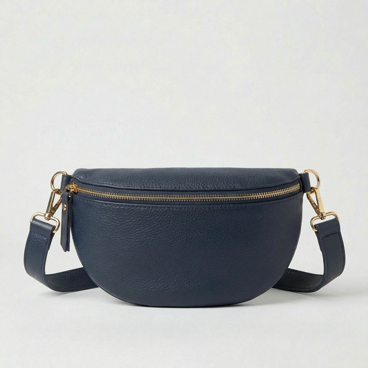 Navy pebble leather fanny bag with adjustable strap and compact, hands‑free design.