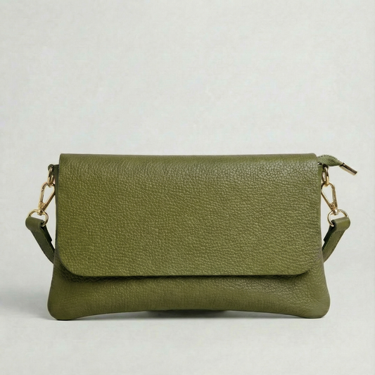 Olive pebble leather crossbody bag with a matching color adjustable strap, displayed on a light gray background.