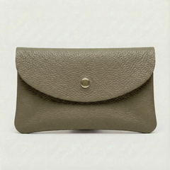 Olive pebble leather wallet collection featuring Mini Coin Wallet, Coin Wallet, and Cellphone Wallet in genuine leather, made in Italy., view 1