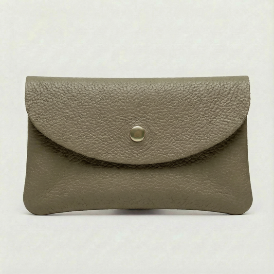 Olive pebble leather mini coin wallet with snap closure, compact Italian‑made design for coins and small essentials