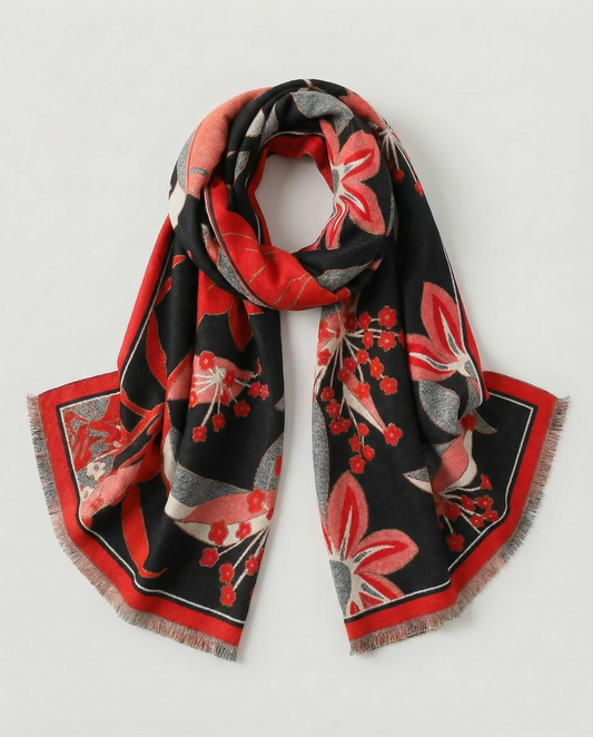 Black scarf with a bold floral pattern in red, pink, gray, and cream tones, featuring a contrasting red border and soft fringed edges, displayed folded on a white background.