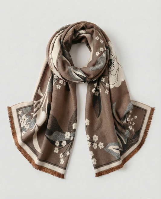 Brown floral patterned wrap on a light gray background