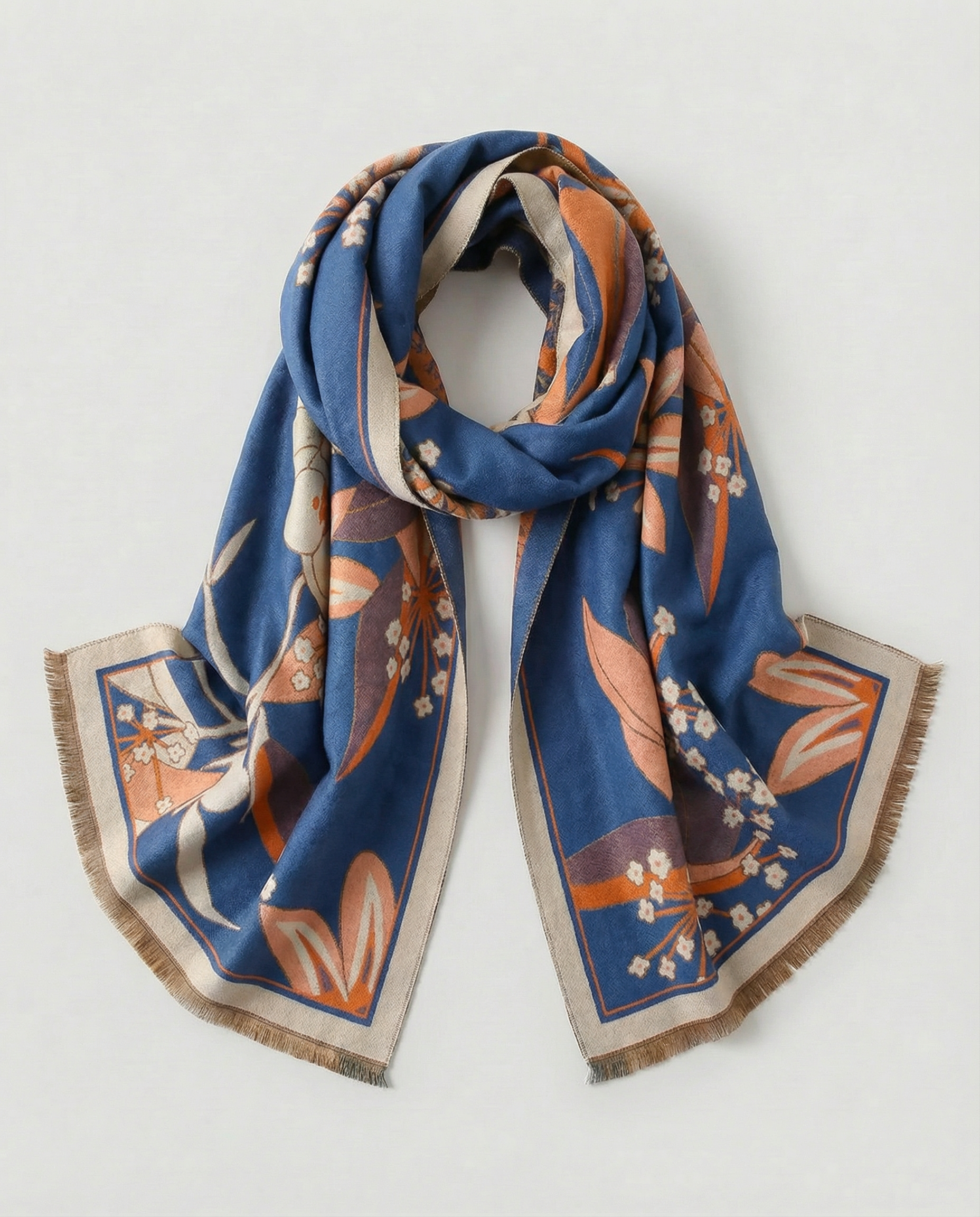 Blue decorative wrap with orange floral pattern on a white background