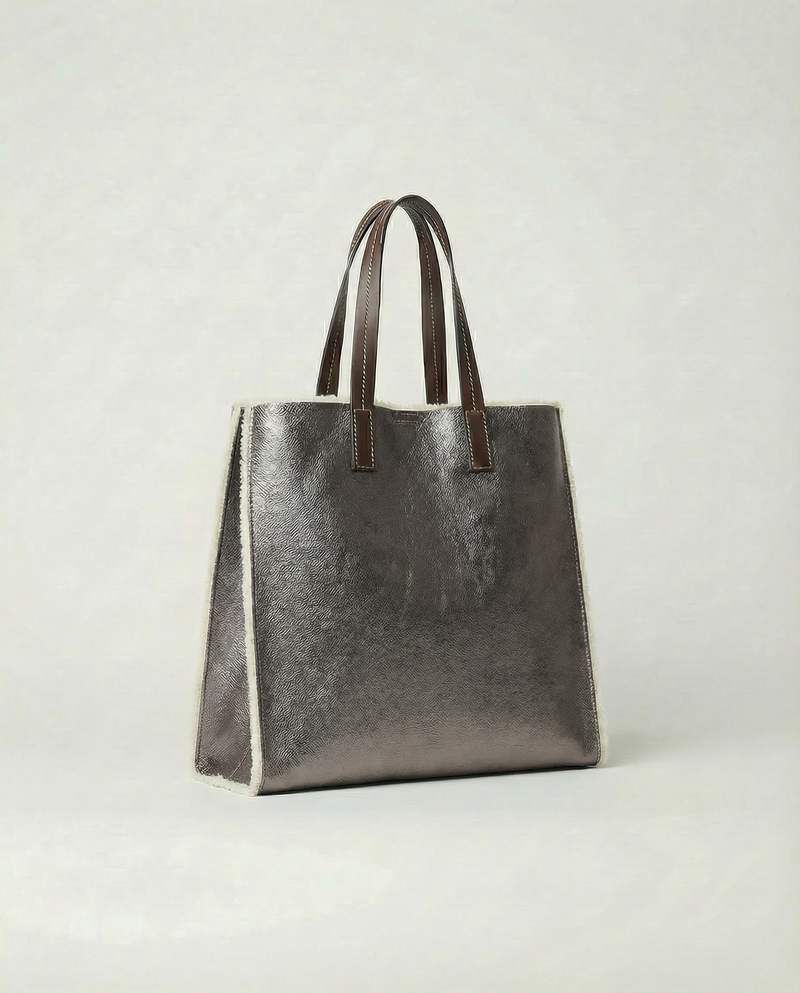 Metallic pewter leather Paris tote bag available in Paris Tote and Mini Paris Tote sizes.