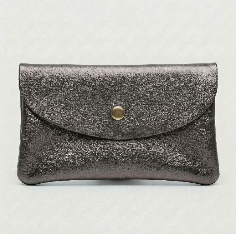 Pewter metallic leather wallet available in mini coin wallet, coin wallet, and cellphone wallet sizes.