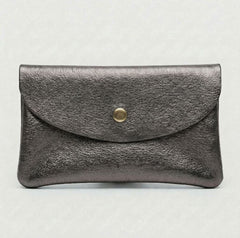 Pewter metallic leather wallet available in mini coin wallet, coin wallet, and cellphone wallet sizes., view 1