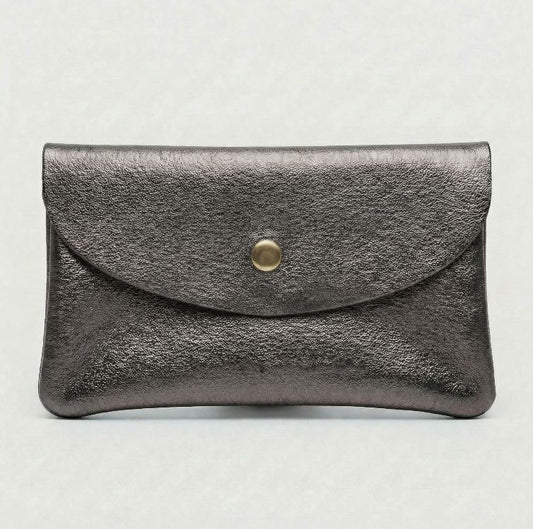 Pewter metallic leather wallet available in mini coin wallet, coin wallet, and cellphone wallet sizes.