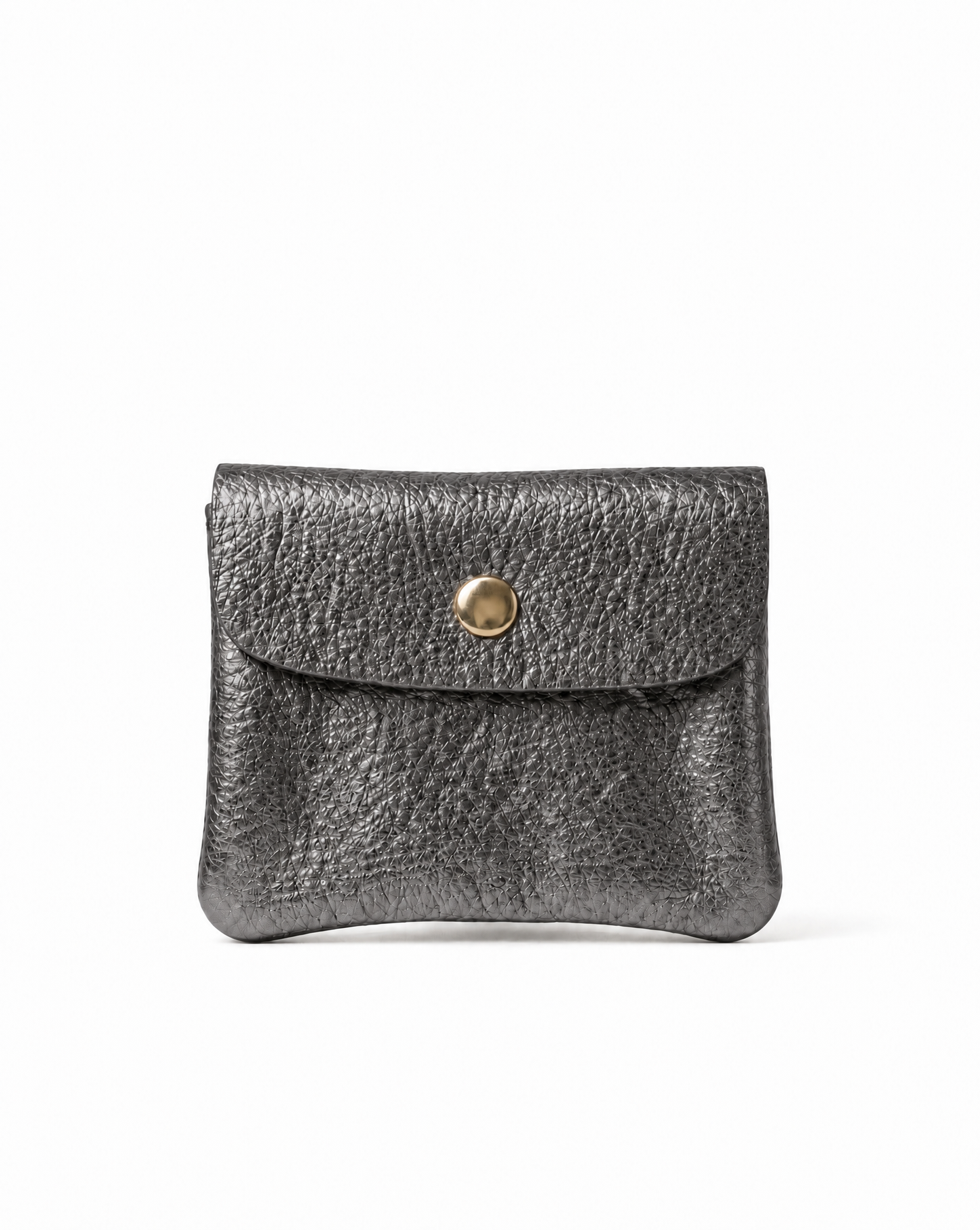 Mini coin wallet in pewter metallic leather with snap closure, compact Italian‑made design for coins and small essentials