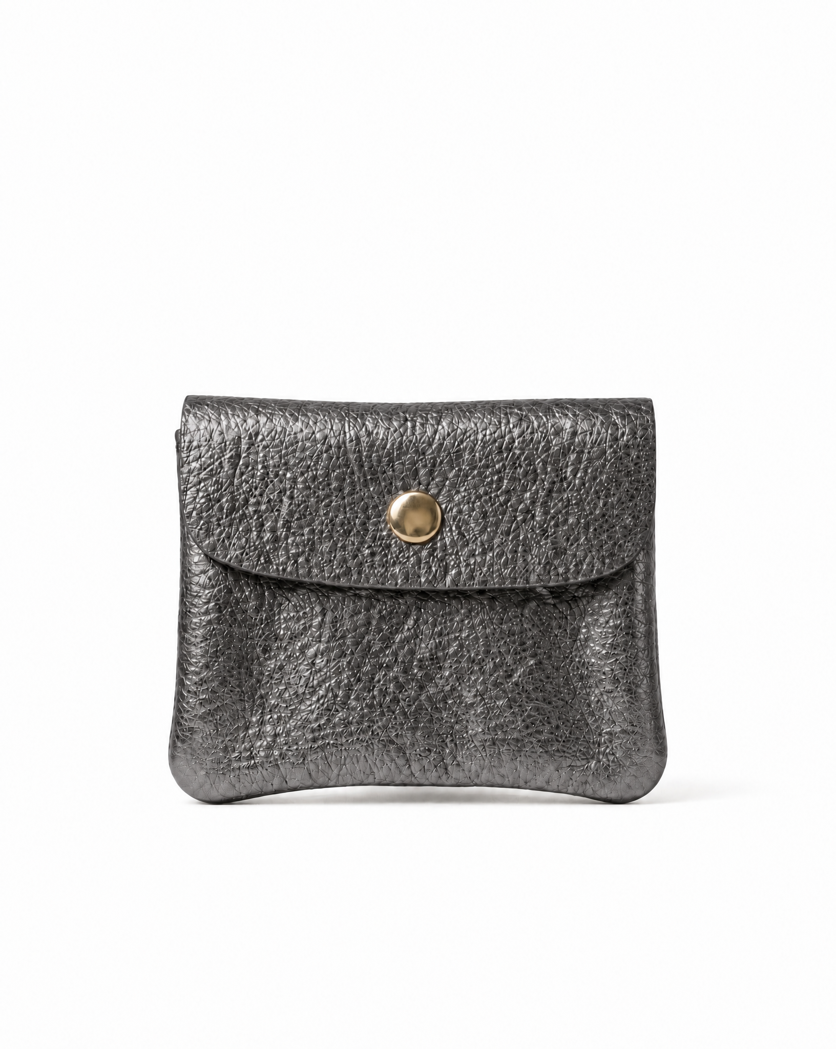 Mini coin wallet in pewter metallic leather with snap closure, compact Italian‑made design for coins and small essentials