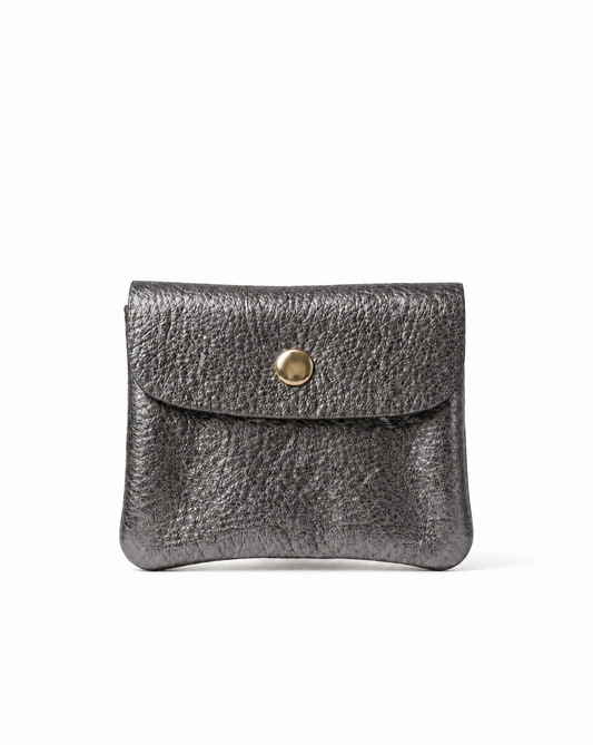 Mini coin wallet in pewter metallic leather with snap closure, compact Italian‑made design for coins and small essentials