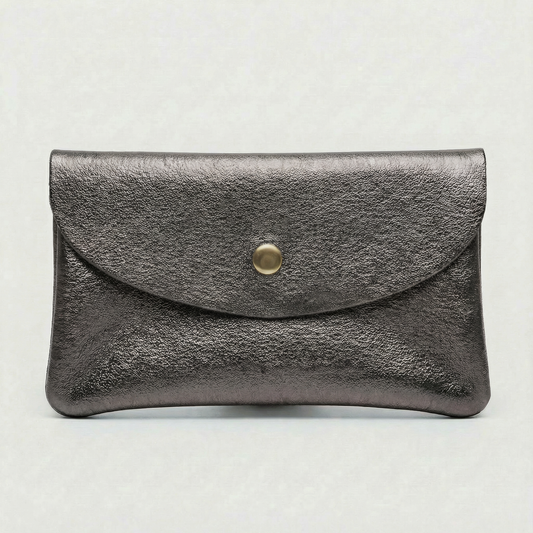 Pewter metallic leather coin wallet with textured finish, snap closure, compact Italian‑made design, stylish everyday accessory