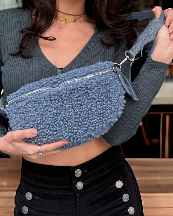 Fanny Bag - Teddy soft fabric and Leather - Denim