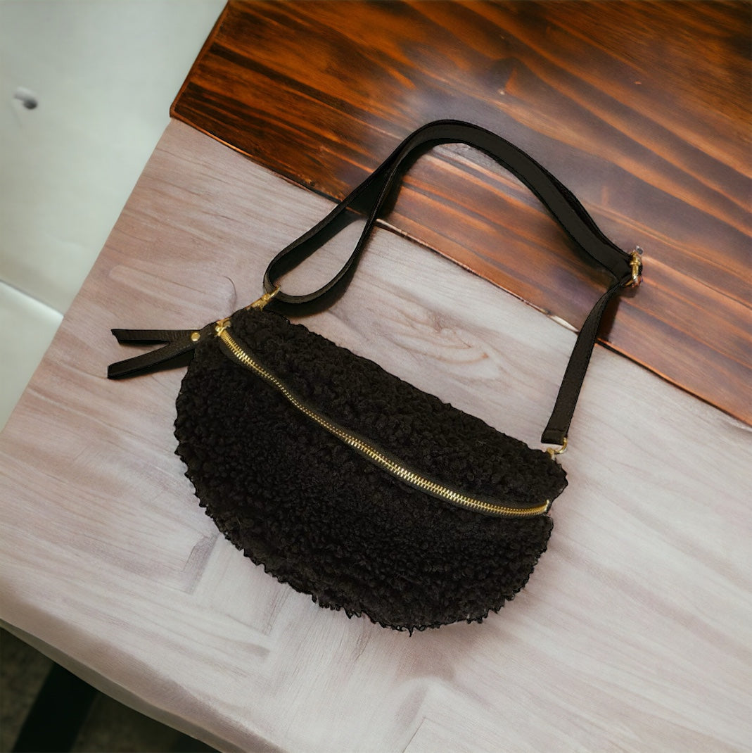Fanny Bag - Teddie soft fabric and Leather - Black.